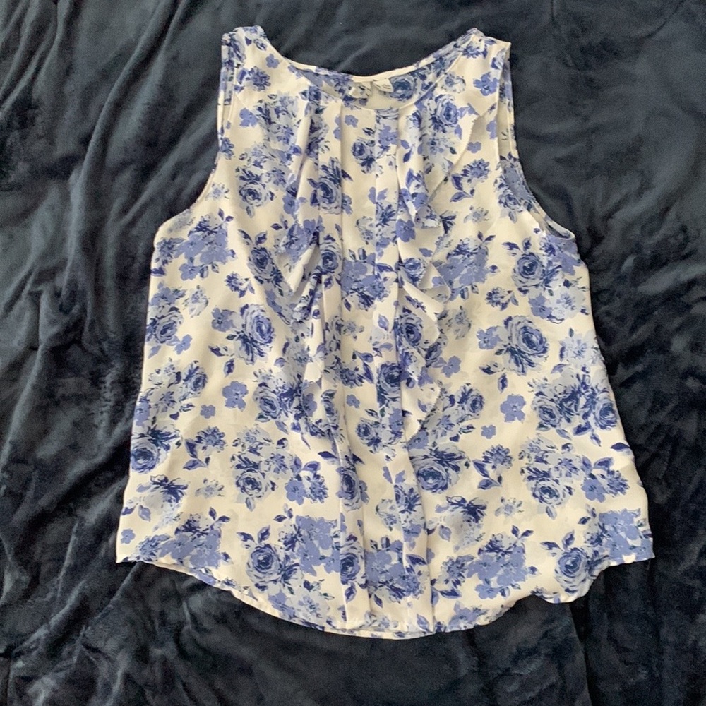 Elle - Sheer White and Blue Floral - Sleeveless Blouse